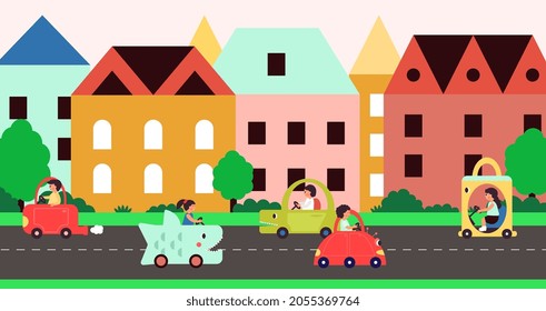 City transportation. Car on street, cartoon childish transport. People riding on road, kawaii style town. Woman man in vehicle decent vector scene