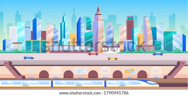 City transportation flat color vector\
illustration. Modern metropolis 2D cartoon cityscape with\
skyscrapers on background. Urban infrastructure, underground\
station with subway train below city\
street