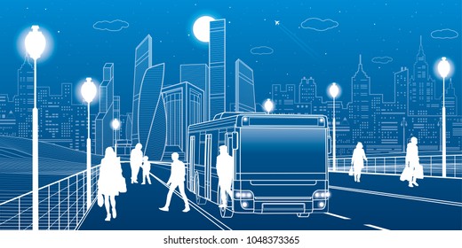 City transportation infrastructure illustration. Passengers get off the bus. people walk down the street. Night town on background, vector design art