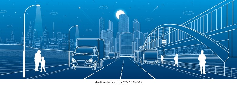 City transportation infrastructure illustration. Passengers get off the bus. people walk down the street. Automotive highway. Cars move. Night town at background, vector design art