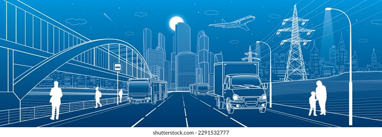 City transportation infrastructure illustration. Passengers get off the bus. people walk down the street. Energy pylons. Automotive highway. Cars move. Night town at background, vector design art