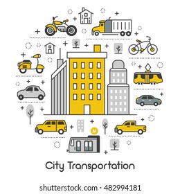 City Transportation Line Art Thin Vector Icons Set with Tram Bus and Taxi