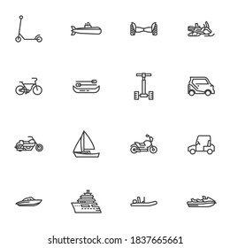 City transportation line icons set, outline vector symbol collection, linear style pictogram pack. Signs, logo illustration. Set includes icons as bicycle, electric scooter, motorcycle, snowmobile