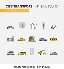 City Transportation Linear Thin Vector Icons Set with Tram Bus and Taxi