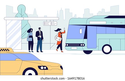 City transportation means flat vector illustration. People waiting for autobus cartoon characters. Public transport on skyscrapers background. Passengers at bus stop. Urban infrastructure