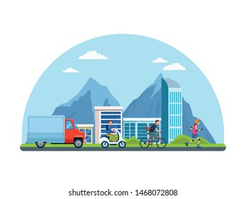 City transportation and mobility, citizens riding differents vehicles on the street with cityscape view cartoons. vector illustration graphic design.