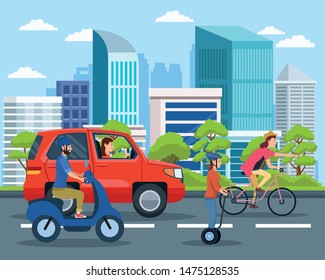 City transportation and mobility, citizens riding differents vehicles on the street with cityscape view cartoons. vector illustration graphic design.