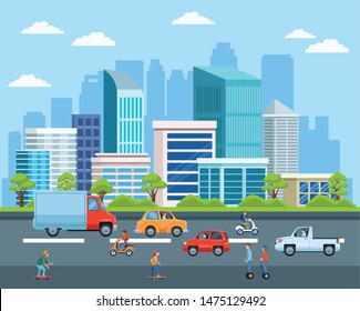 City transportation and mobility, citizens riding differents vehicles on the street with cityscape view cartoons. vector illustration graphic design.