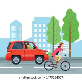 City transportation and mobility suv and bike riding on street vector illustration graphic design.