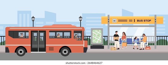 City transportation. People waiting bus at shelter. Pickup point. Bus station. Passenger public transportation. City infrastructure.