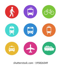 City transportation pictograms: walking pedestrian, taxi cab, train, bus, bicycle, tram, trolleybus, boat, and plane. Set of colorful flat vector icons.