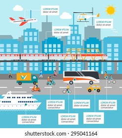 City Transportation And Traffic Infographics Design Elements With Transport, Including Plane, Helicopter, Bus, Cyclists, Train, Cars, Truck, Scooters, Yacht, Pedestrians, Buildings, Road.