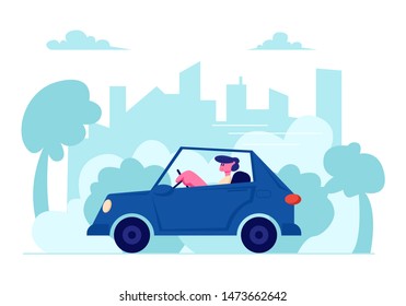 City Transportation Traffic, Route. Man Dweller Driving Car on Urban Cityscape Background. Transport on Speedway, Character Riding Blue Sedan Automobile Citizen Life. Cartoon Flat Vector Illustration