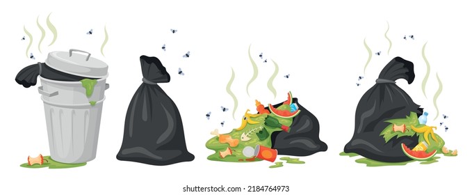 City trash bag. Rotting garbage in waste bag or street dustbins, full can bin pile rubbish accumulation dumpster overflow dump dirty food, cartoon trashcan neat vector illustration of waste garbage