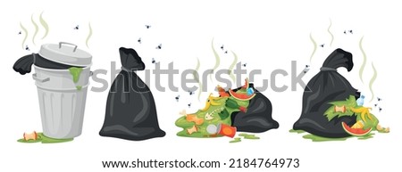 City trash bag. Rotting garbage in waste bag or street dustbins, full can bin pile rubbish accumulation dumpster overflow dump dirty food, cartoon trashcan neat vector illustration of waste garbage