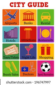 City travel guide icons on color background, vector illustration