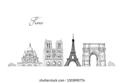 City travel landmarks, tourist attraction in various places of France. Hand Drawn Sketch Vector illustration.