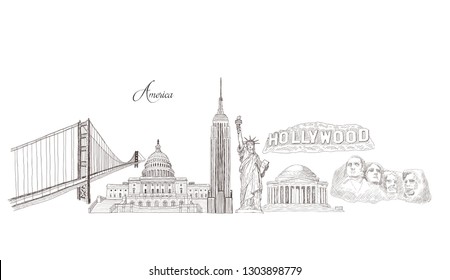 City travel landmarks, tourist attraction in various places of United States of America. Hand Drawn Sketch Vector illustration.