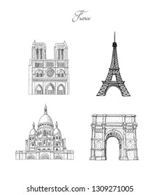 City travel landmarks, tourist attraction in various places of France. Hand Drawn Sketch Vector illustration.
