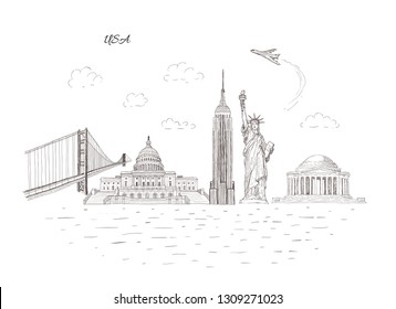 City travel landmarks, tourist attraction in various places of United States of America. Hand Drawn Sketch Vector illustration. Tourist banner.