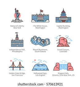 City Travel Landmarks, Tourist Attraction In Various Places Of United States Of America. Thin Line Art Icons With Flat Colorful Design Elements. Modern Linear Style Illustrations Isolated On White.