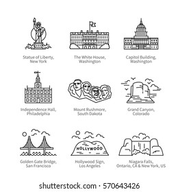 City Travel Landmarks, Tourist Attraction In Various Places Of United States Of America. Thin Black Line Art Icons With Flat Design Elements. Modern Linear Style Illustrations Isolated On White.