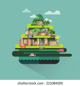 City travel landscape with hills house and building,Vector ecology illustration info graphic elements flat editorial style,Vector illustrator Building