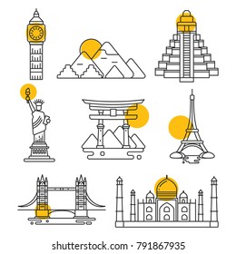City travel linear landmarks with flat element buildings. Vector illustration