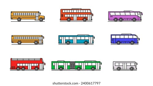 City, travel and school bus color line icons. Urban and public transport, city passenger transportation outline vector pictogram with doubledecker, airport transfer and tourism travel, articulated bus