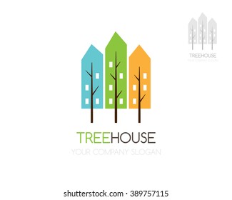 City Tree Icon. Green Town Emblem. Eco House Vector Logo Template.