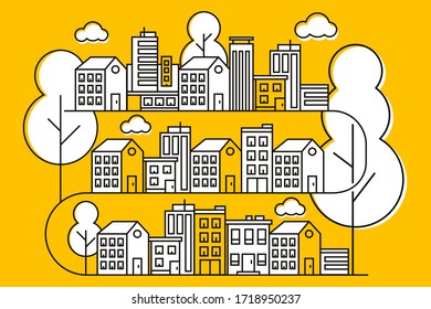 City and tree illustrations in thin line styles.City landscape. Urban life Vector illustration. Modern style city illustration