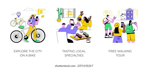 City trip activities isolated cartoon vector illustrations set. Explore the town on a bike, tasting local specialties, free walking tour with a local guide, cultural experience vector cartoon.