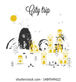 City trip. Postcard for the traveler. Minimalistic drawing.