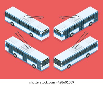 City trolleybus. Public transport. Four views. Trolleybuses. Isometric vector illustration