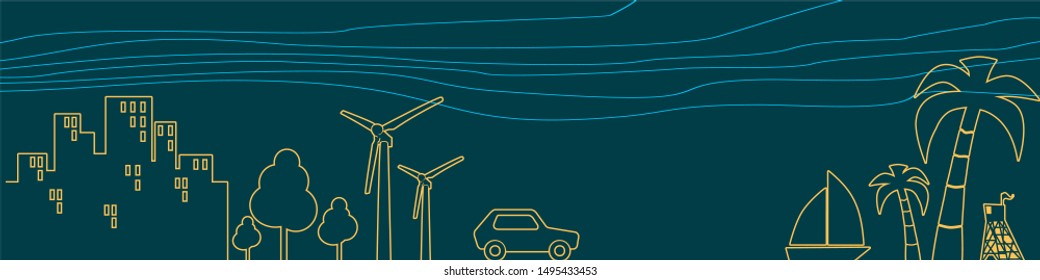 City and tropical recreation relative silhouettes. Retro car moving to cruise ship and palm. Ecology linear design concept