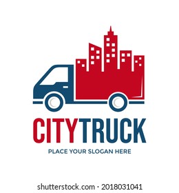 Plantilla de logotipo del vector del camión de la ciudad. Este diseño usa el símbolo de camión y ciudad. Adecuado para negocios