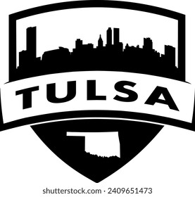 City of Tulsa Oklahoma black and white shield style city buildings silhouette shield graphic with knockout white outline of the state border shape under name. Vector eps design. 