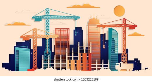 City under construction colorful paper cut style, vector stock illustration.  Skyline city composition for design, building a house.