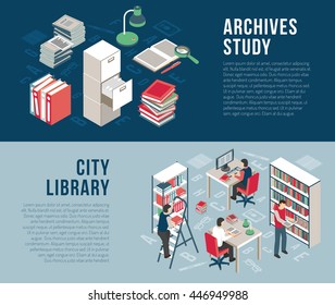 City university studies library documents archives and catalog  information 2 horizontal isometric banners abstract isolated vector illustration 