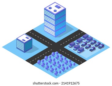 City urban area map Isometric vehicles 3D illustration architecture town street with a lot of building houses and skyscrapers, streets, trees and vehicles