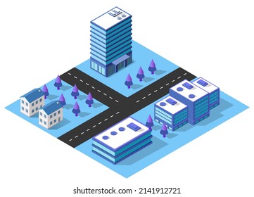 City urban area map Isometric vehicles 3D illustration architecture town street with a lot of building houses and skyscrapers, streets, trees and vehicles