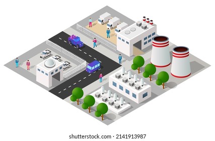 City Urban Area Map Isometric Factory Industrial Zone 3D Illustration Architecture Town Street With A Lot Of Building Houses And Skyscrapers, Streets, Trees And Vehicles