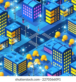 City urban area map Isometric night lights ultraviolet 3D illustration architecture town street with a lot of building houses and skyscrapers, streets, trees