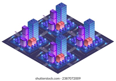 City urban area map Isometric night lights ultraviolet 3D illustration architecture town street with a lot of building houses and skyscrapers, streets, trees and vehicles