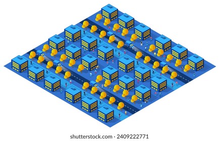 Mapa de área urbana urbana Isometric night lights ilustración ultravioleta 3D arquitectura calle ciudad con muchas casas de construcción y rascacielos, calles, árboles