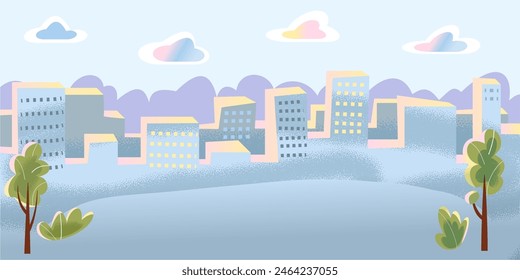 Fondo urbano de la ciudad. Paisaje urbano de edificios y árboles. Paisaje urbano abstracto moderno. Panorama de rascacielos. Infraestructura pública. Lindo Ilustración vectorial de dibujos animados plana.