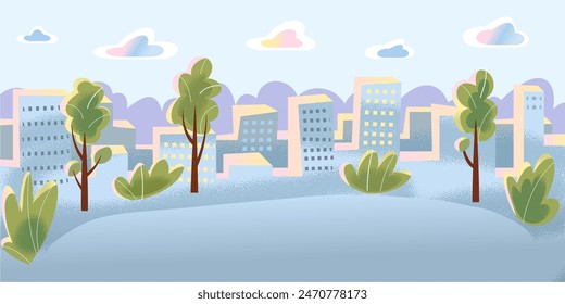 Fondo urbano de la ciudad. Paisaje urbano de edificios y árboles. Paisaje urbano abstracto moderno. Panorama de rascacielos. Infraestructura pública. Lindo Ilustración vectorial de dibujos animados plana.