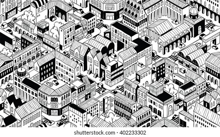City Urban Blocks Seamless Pattern (Small) in isometric projection is hand drawing with perimeter blocks, courtyards, streets and traffic. Illustration is in eps8 vector mode, pattern is repetitive.