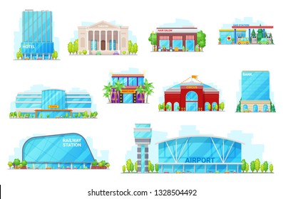 City Urban Building Icons. Vector Isolated Hotel, Opera Theater Or Hair Salon And Gas Station, Arena Stadium, Night Club And Circus, Airport And Railway Station