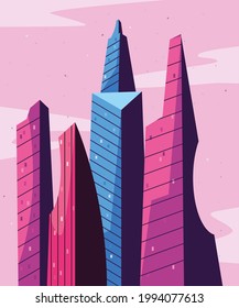 city and urban buildings in front of pink sky